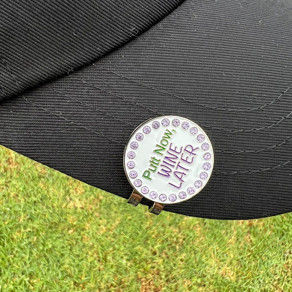 Giggle Golf Bling Putt Now Wine Later Hat Clip Ball Marker On A Black Hat