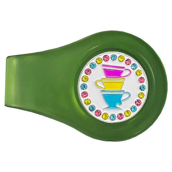 Giggle Golf Bling Teacups Ball Marker On A Green Magnetic Clip