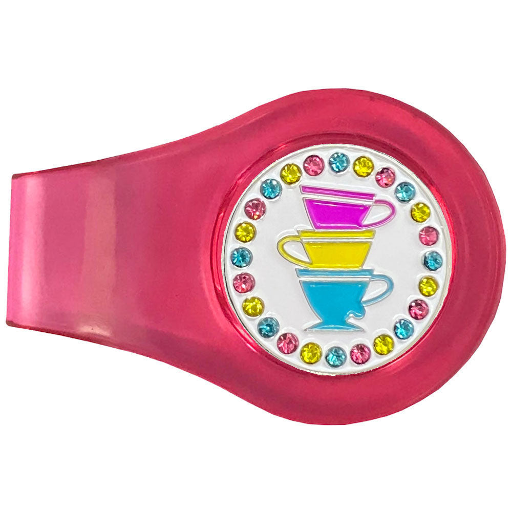 Colorful teacups and crystals atop a white marker on a pink clip. This sparkly design is ideal for women golfers. Don’t spill