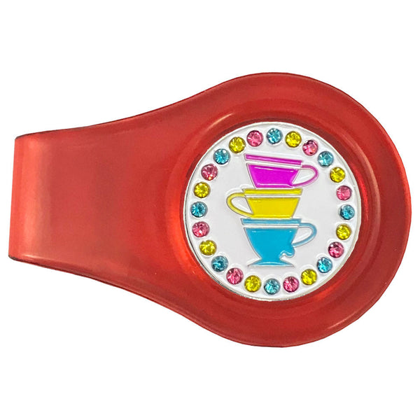 Giggle Golf Bling Teacups Ball Marker On A Red Magnetic Clip