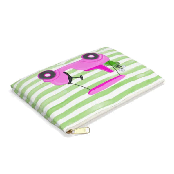Pink Golf Cart On Green & White Striped Canvas Bag, Side View