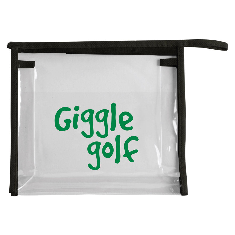 Clear travel carrier bag with black trim and green 'Giggle Golf' logo