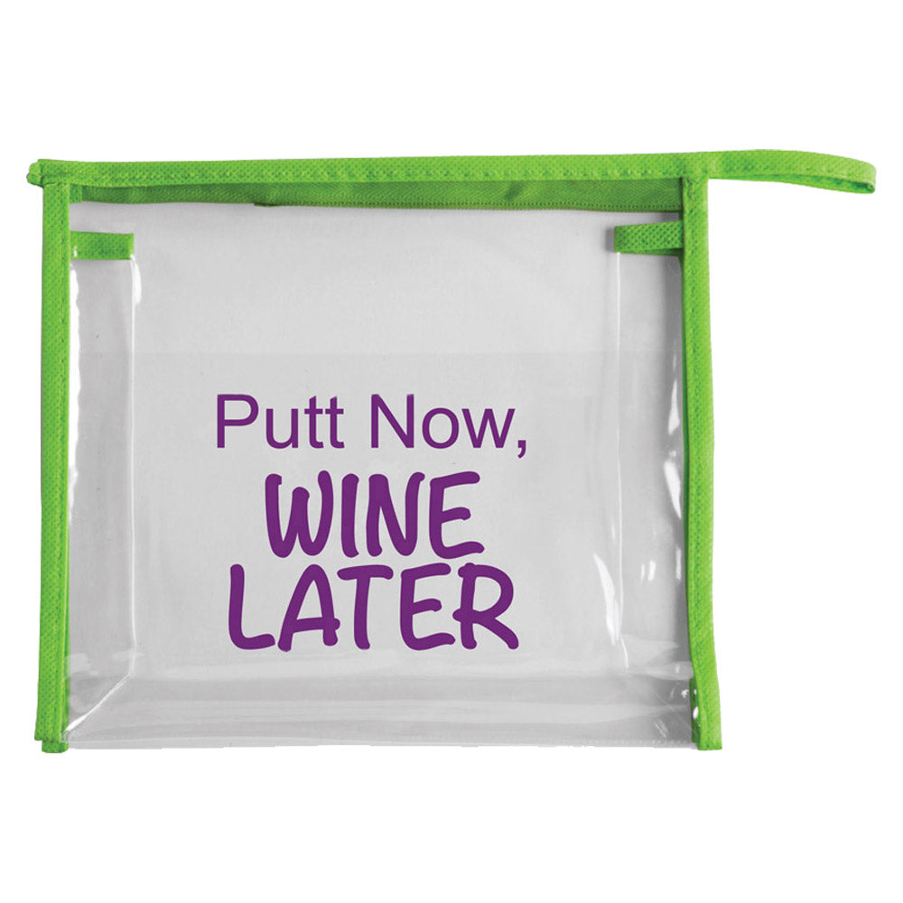 Clear travel carrier bag with green trim and Purple 'Putt Now, Wine Later'