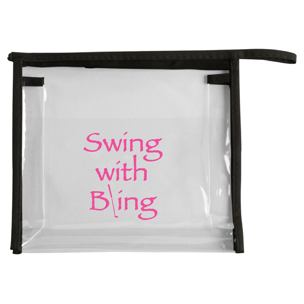 Clear travel carrier bag with black trim and 'Swing With Bling' text in pink