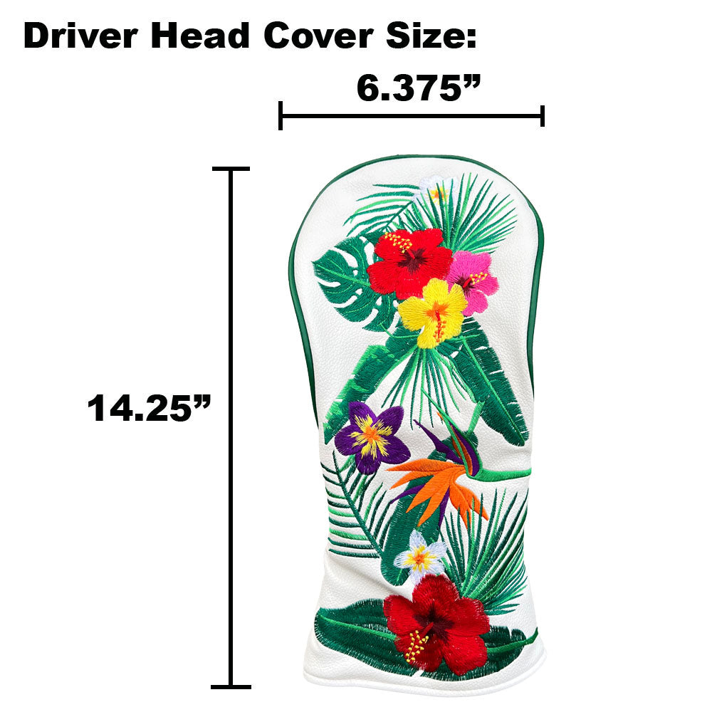 Golf head driver cover with tropical floral design and measurements on a white background