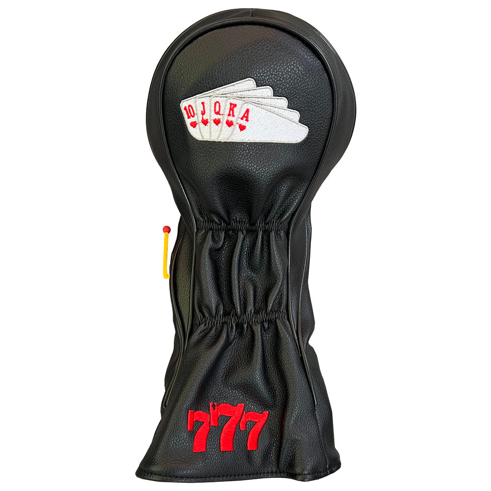 Back of Vegas driver golf head cover with embroidered royal flush playing cards and bold red “777” design.