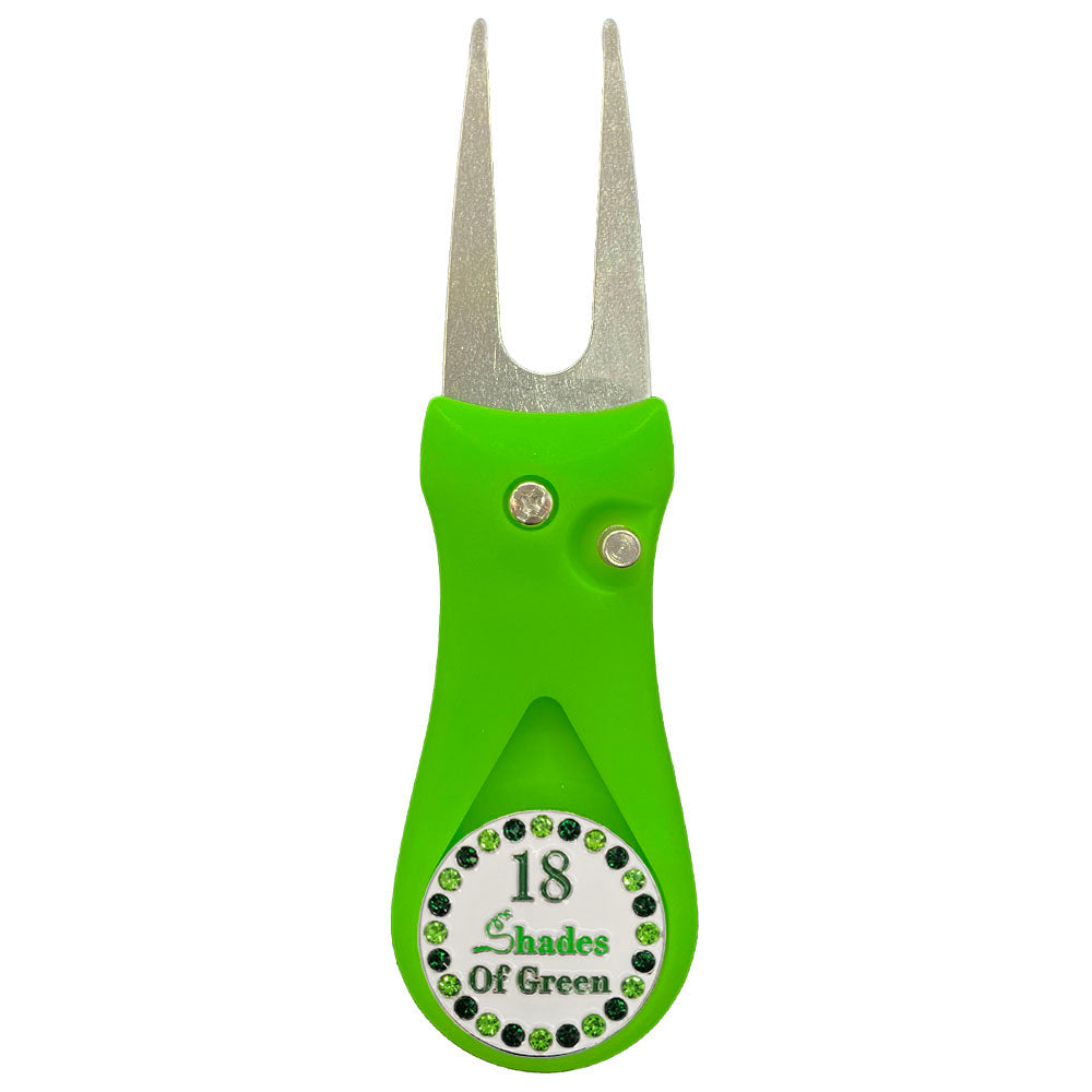 18 Shades of Green golf ball marker on a green divot tool with rhinestone on a white base. Stylish design for women golfers.