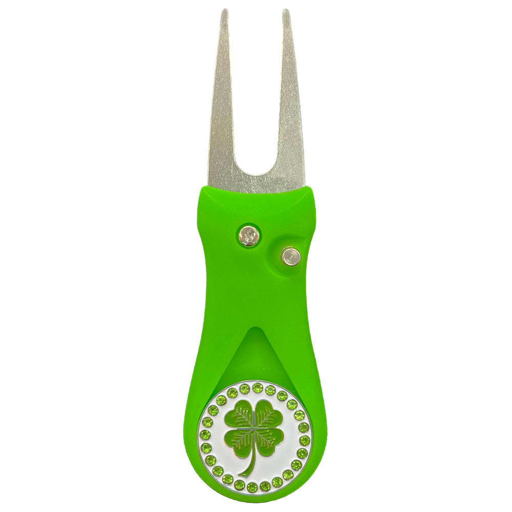 Green 4 Leaf Clover golf ball marker on a green divot tool with bling on a white background. fun design for women golfers.
