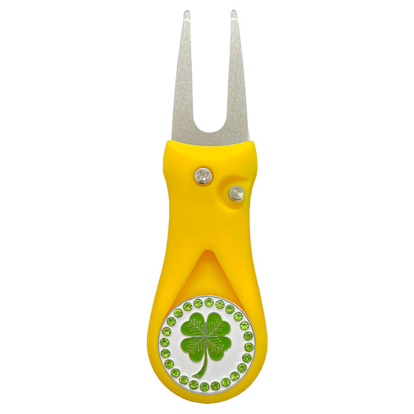 Giggle Golf Bling Four Leaf Clover Golf Ball Marker On A Plastic, Yellow, Divot Repair Tool