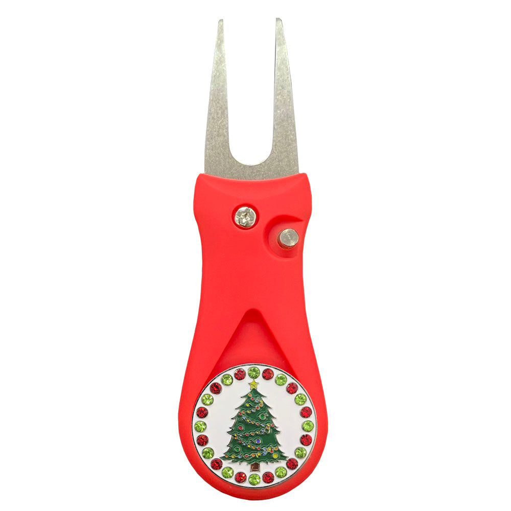 Christmas Tree ball marker on red divot tool. Jolly tree with red & green crystal accents. Stylish design for women golfers