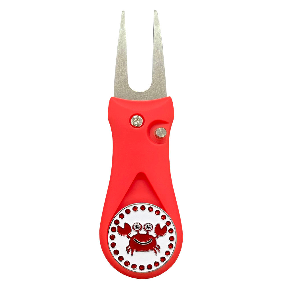 Smiling Red Crab ball marker on red divot tool. Happy crab with red crystal accents. Joyful design for women golfers.