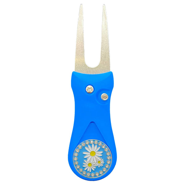 Giggle Golf Daisies Ball Marker On A Plastic, Blue, Divot Repair Tool