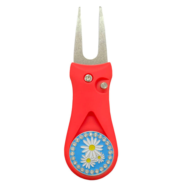Giggle Golf Daisies Ball Marker On A Plastic, Red, Divot Repair Tool