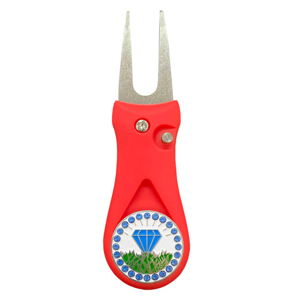 Giggle Golf Bling Blue Diamond In The Rough Ball Marker On A Plastic, Red, Divot Repair Tool