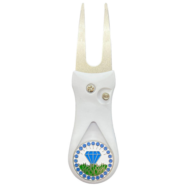 Giggle Golf Bling Blue Diamond In The Rough Ball Marker On A Plastic, White, Divot Repair Tool