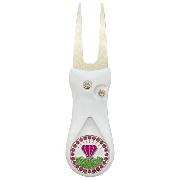 Giggle Golf Bling Pink Diamond In The Rough Ball Marker On A Plastic, White, Divot Repair Tool