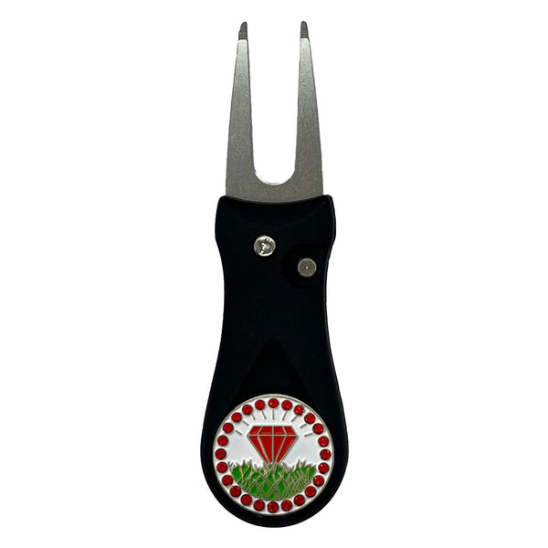 Giggle Golf Bling Red Diamond In The Rough Ball Marker On A Plastic, Black, Divot Repair Tool