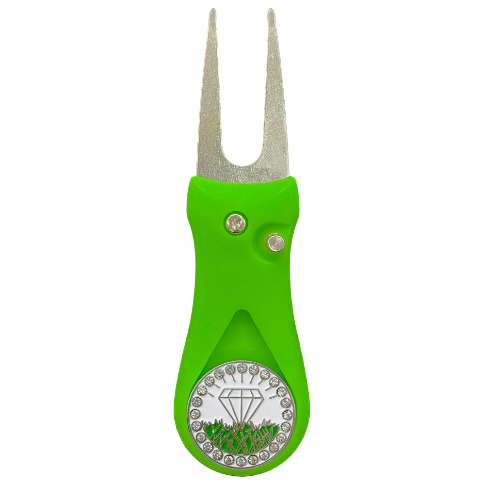 White Diamond resting in the rough marker with crystal accents on a green divot tool. A stylish design for female golfers