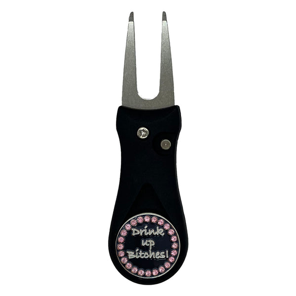 Giggle Golf Bling Drink Up Bitches Ball Marker On A Plastic, Black, Divot Repair Tool