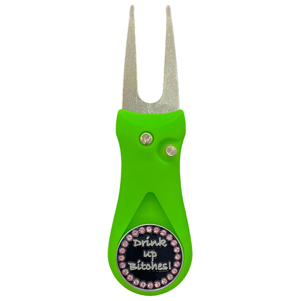 Giggle Golf Bling Drink Up Bitches Ball Marker On A Plastic, Green, Divot Repair Tool