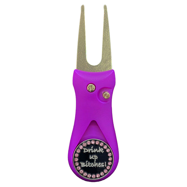 Giggle Golf Bling Drink Up Bitches Ball Marker On A Plastic, Purple, Divot Repair Tool