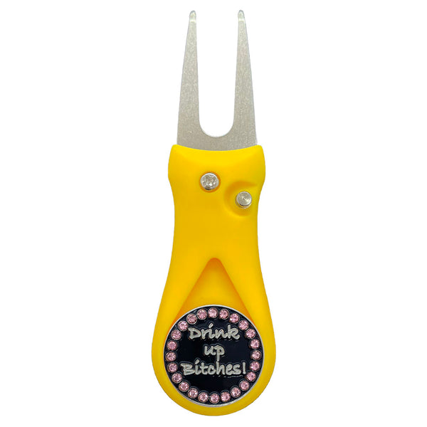 Giggle Golf Bling Drink Up Bitches Ball Marker On A Plastic, Yellow, Divot Repair Tool