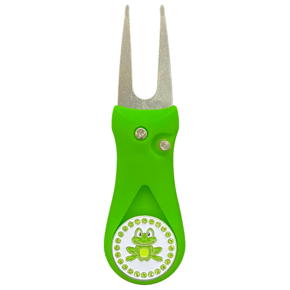 Smiling Green Frog ball marker on green divot tool. Happy frog with green crystal accents. Joyful design for women