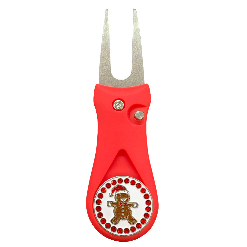 Gingerbread Man marker on a red divot tool. This cute, sparkly design for women golfers has red bling accents. Happy holidays