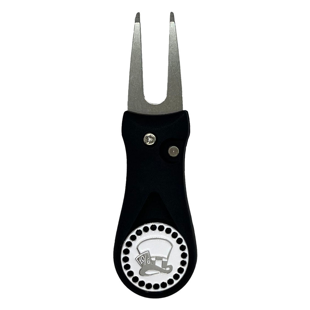 Gray Madhatter with black crystal accents marker on a black divot tool. Ideal for women golfers who are mad about golf.