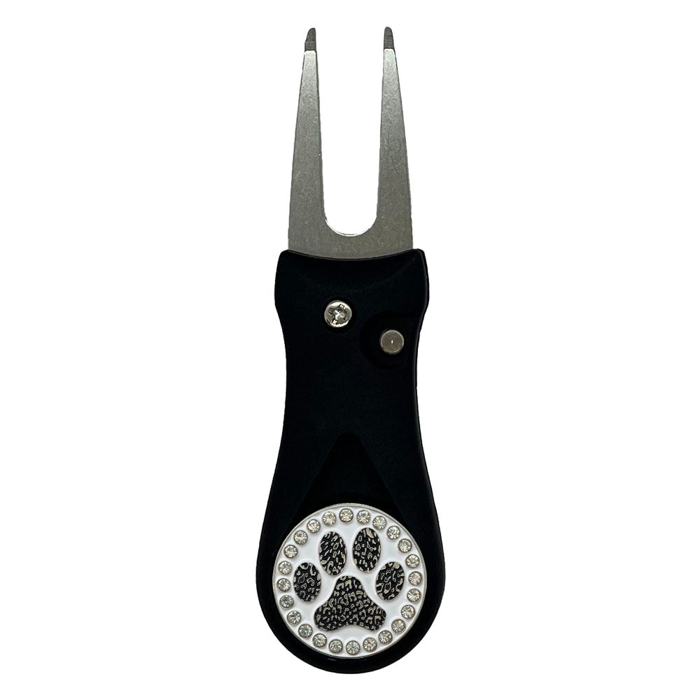 Black Paw Print marker with bling accents on a black divot tool. Sporty design is paws-itively ideal for women golfers. Roar!