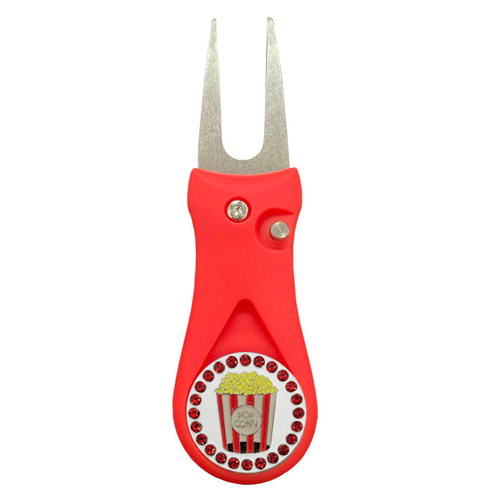 Popcorn bucket marker with Red Crystal accents on a red divot tool. A colorful design for women golfers. A star is born!