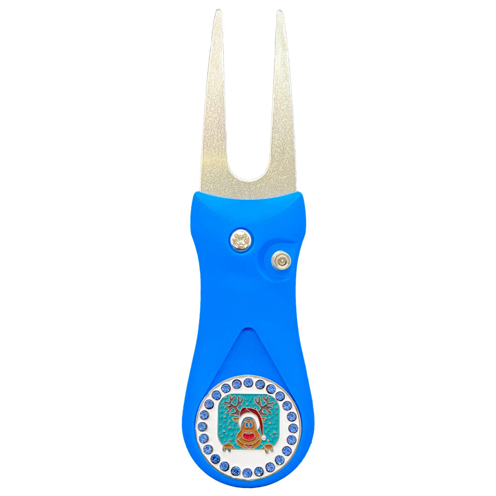 Red nose Reindeer with blue crystal accents marker on a blue divot tool. ideal for women golfers. ‘Tis the season for birdies