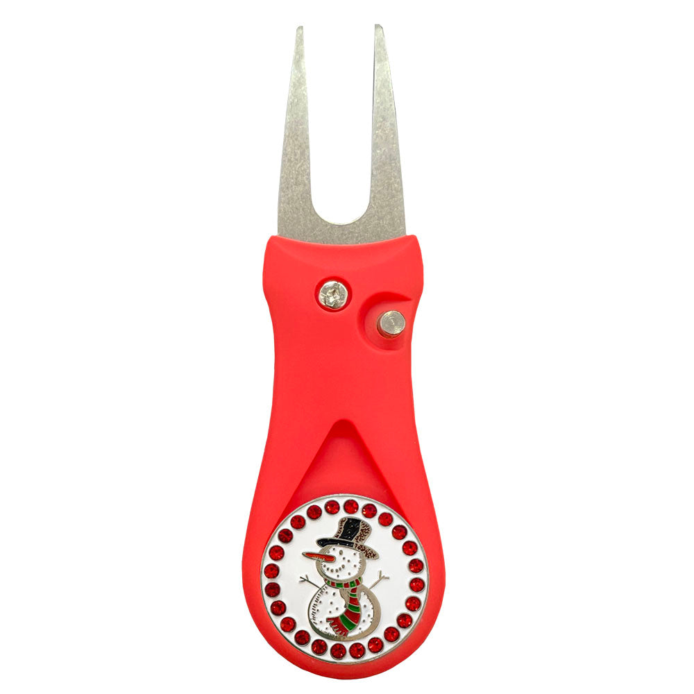 Cute Snowman with red bling accents marker on a red divot tool. Festive design for women golfers. ‘Tis the season for birdies
