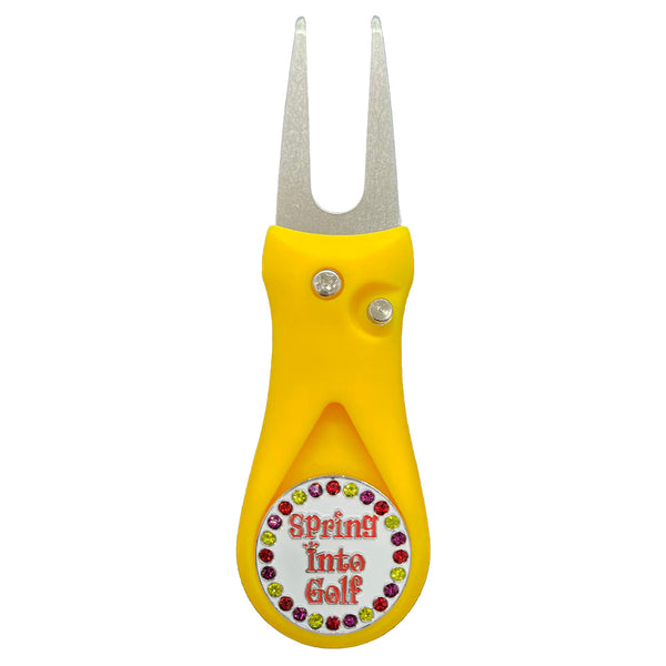 Giggle Golf Bling Spring Into Golf Ball Marker On A Plastic, Yellow, Divot Repair Tool