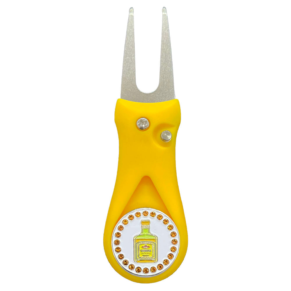 Colorful tequila bottle with Golden Crystal accents marker on a yellow divot tool. Sparkly design ideal for women golfers.