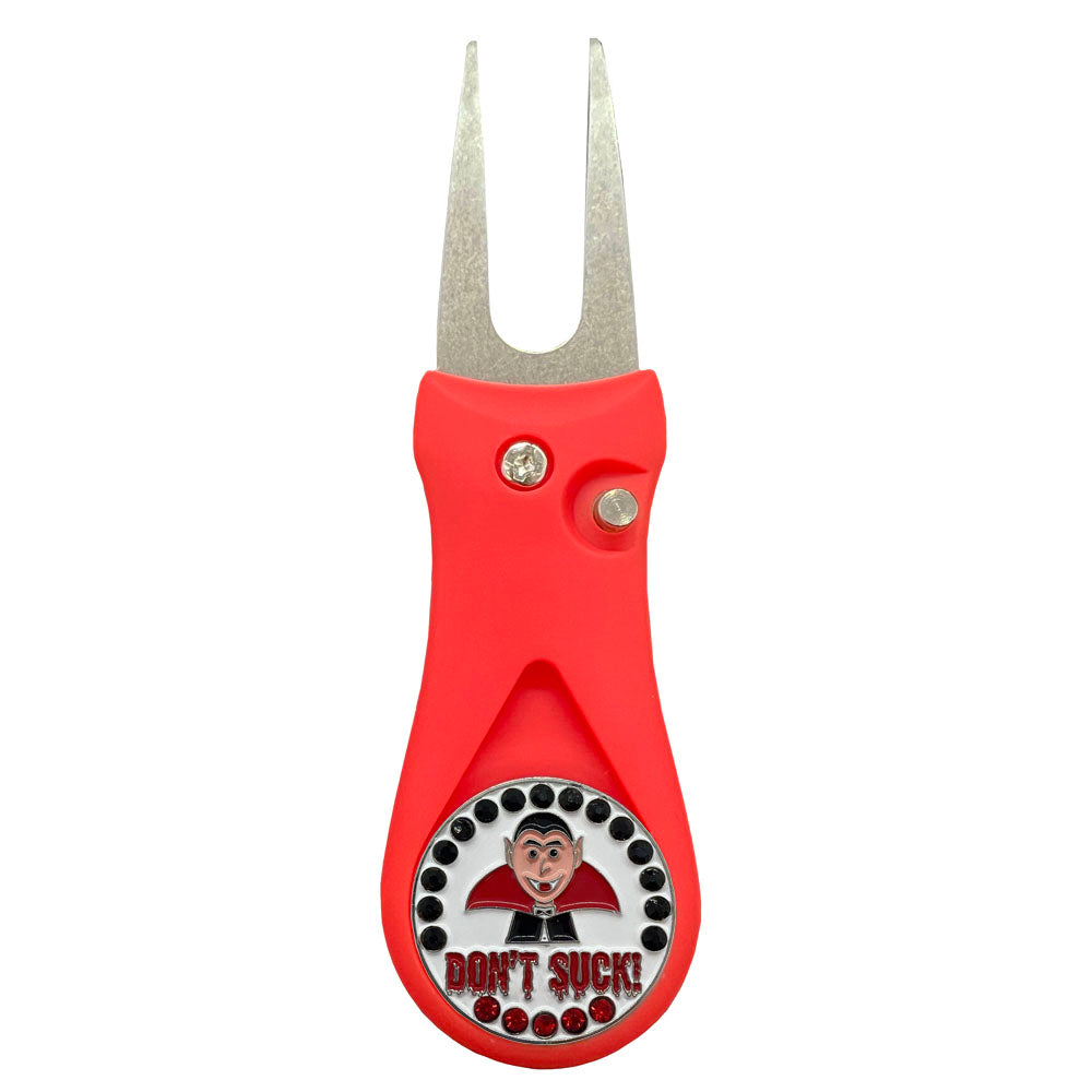 Fun Dracula Vampire marker with black and red bling accents on a red divot tool. Sparkly design ideal for women. Don’t suck!