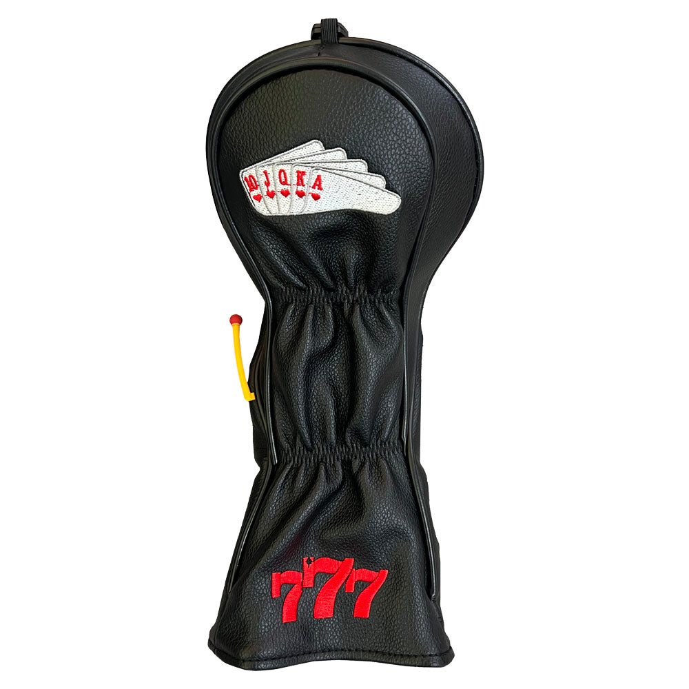Vegas fairway wood golf head cover with embroidered royal flush and three 7s below.