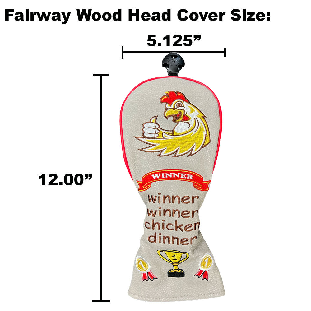 Golf head cover with chicken design and text, shown with measurements on a white background