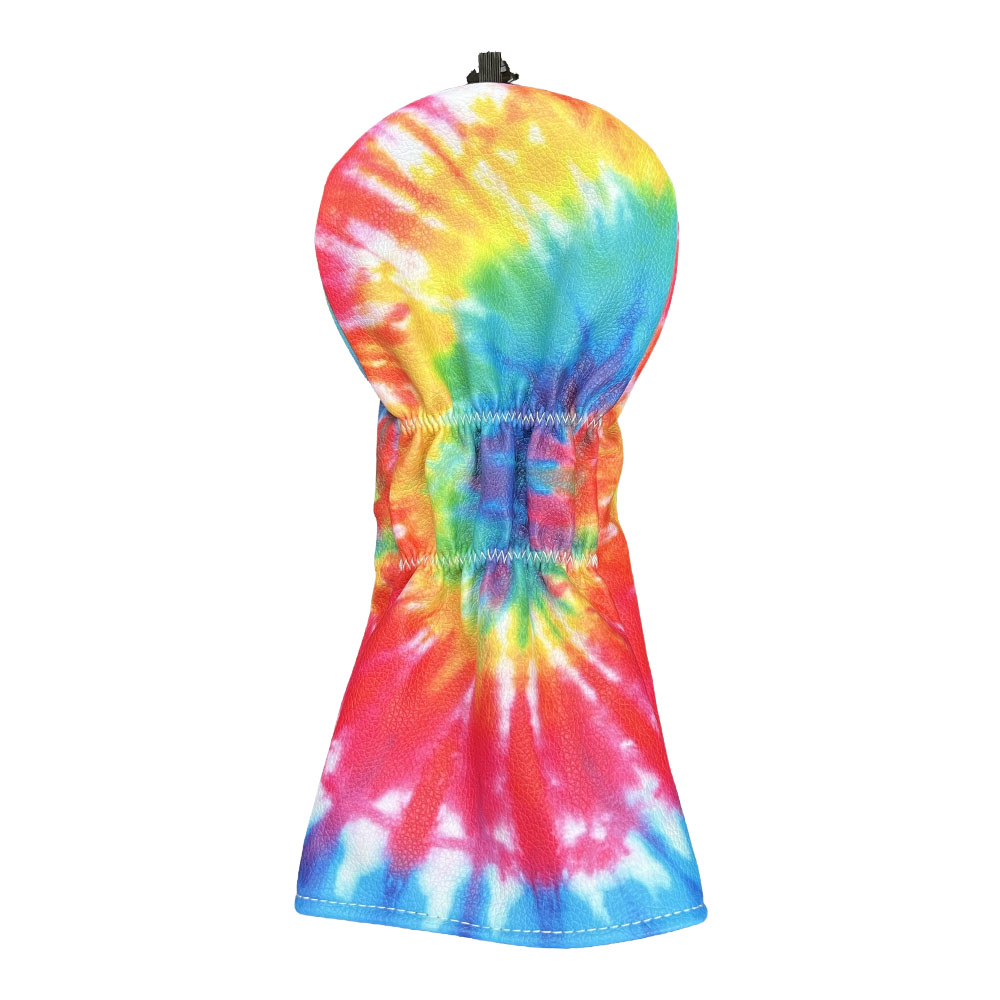 A tie-dye fairway head cover (back)shown flat against a white background, featuring a vibrant spiral pattern of red, orange, yellow, green, blue, and purple.