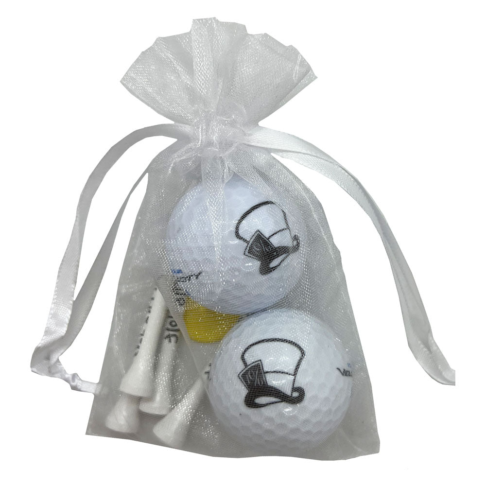 Mad Hatter golf ball and tees set featuring a funny design. Includes 2 golf balls and 4 tees, perfect for women golfers.