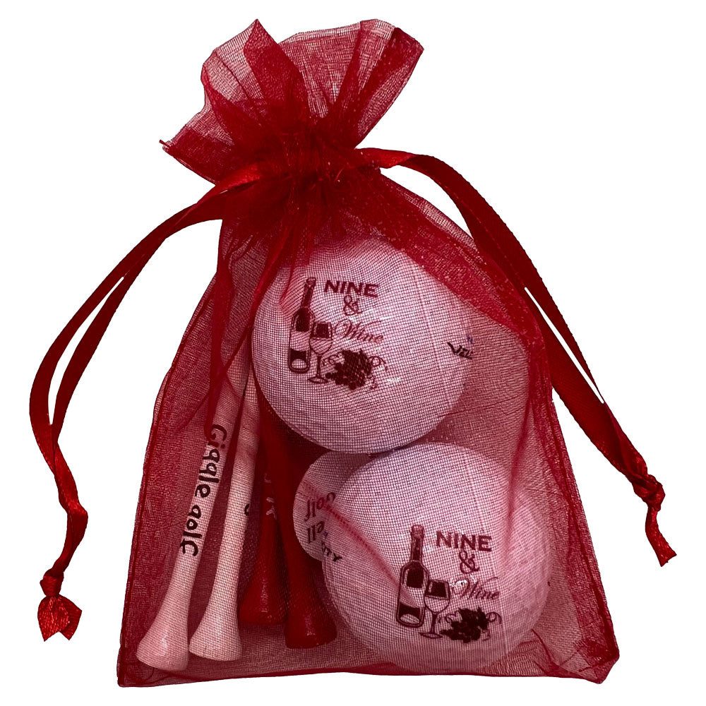Nine & Wine golf ball and tees set featuring a fun design. Includes 2 golf balls and 4 tees, perfect for women golfers.