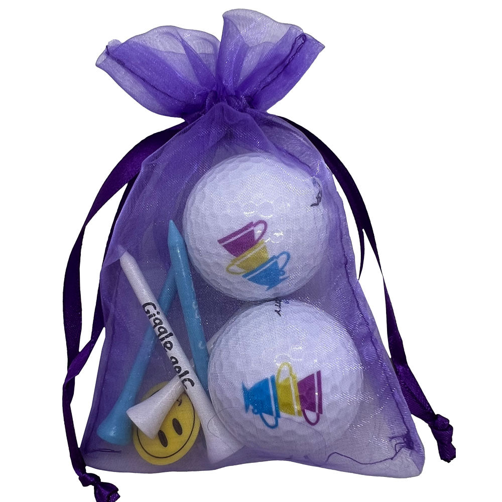 Teacups golf ball and tees set featuring a charming teacup design. Includes 2 golf balls and 4 tees, ideal for women golfers.
