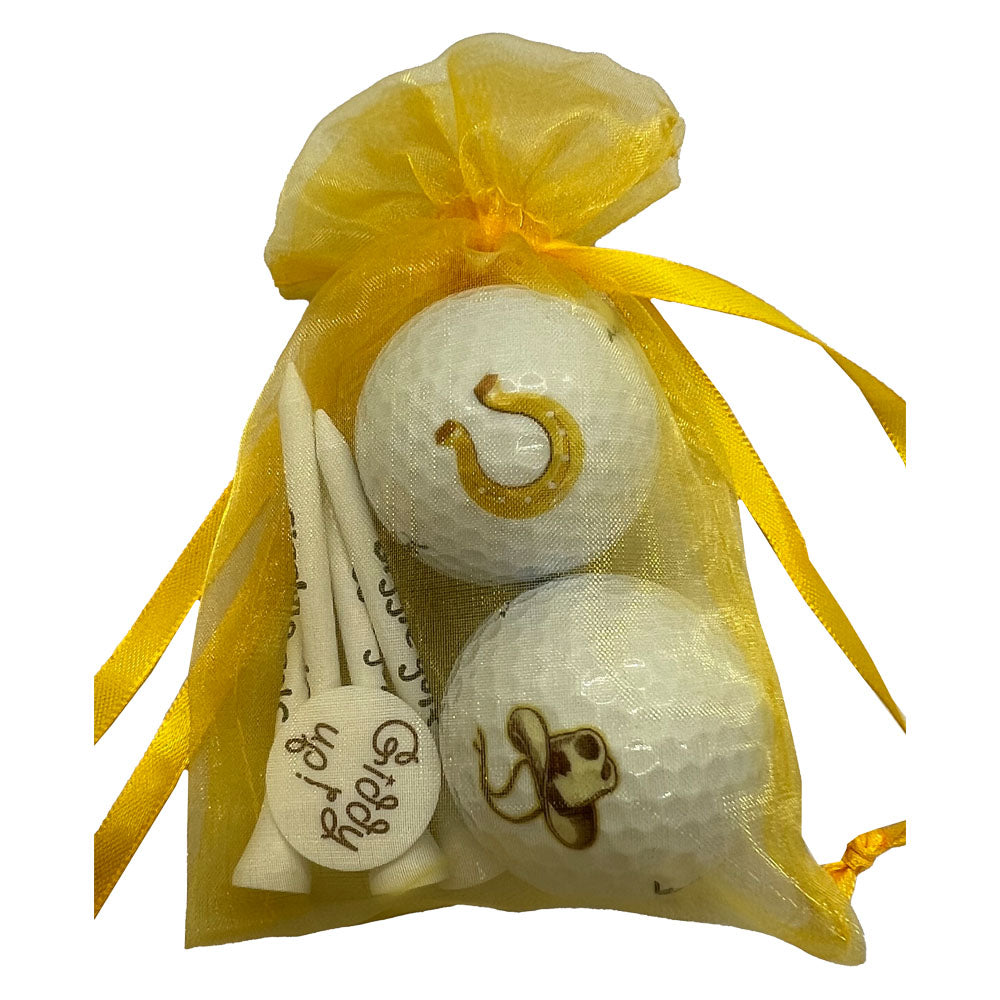 Western golf ball and tees set featuring western-themed design. Includes 2 golf balls and 4 tees, perfect for women golfers