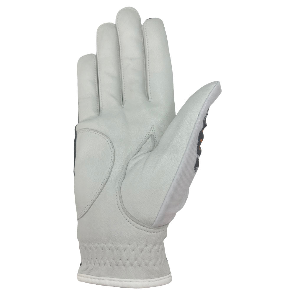 Halloween women's golf glove with white palm. Worn on right hand.