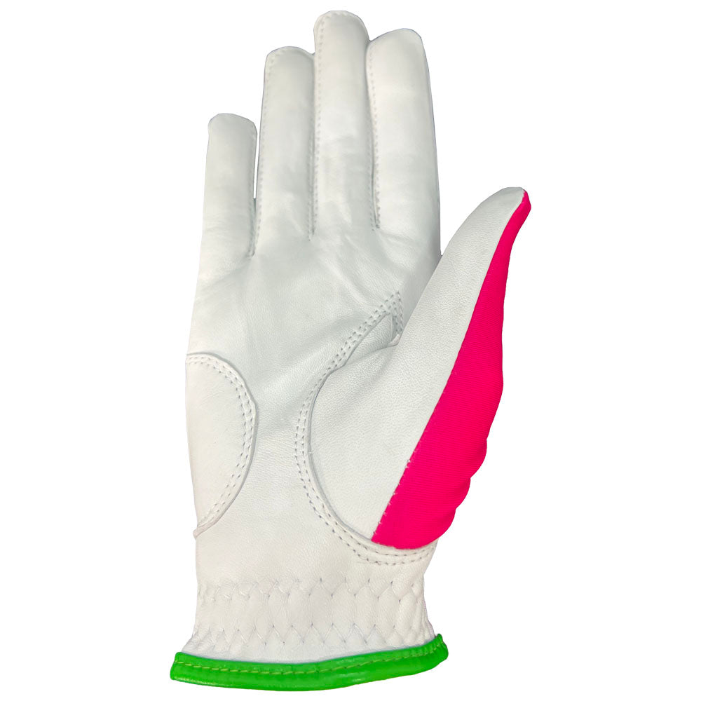 Women's succulent golf glove with white leather palm. Worn on right hand.