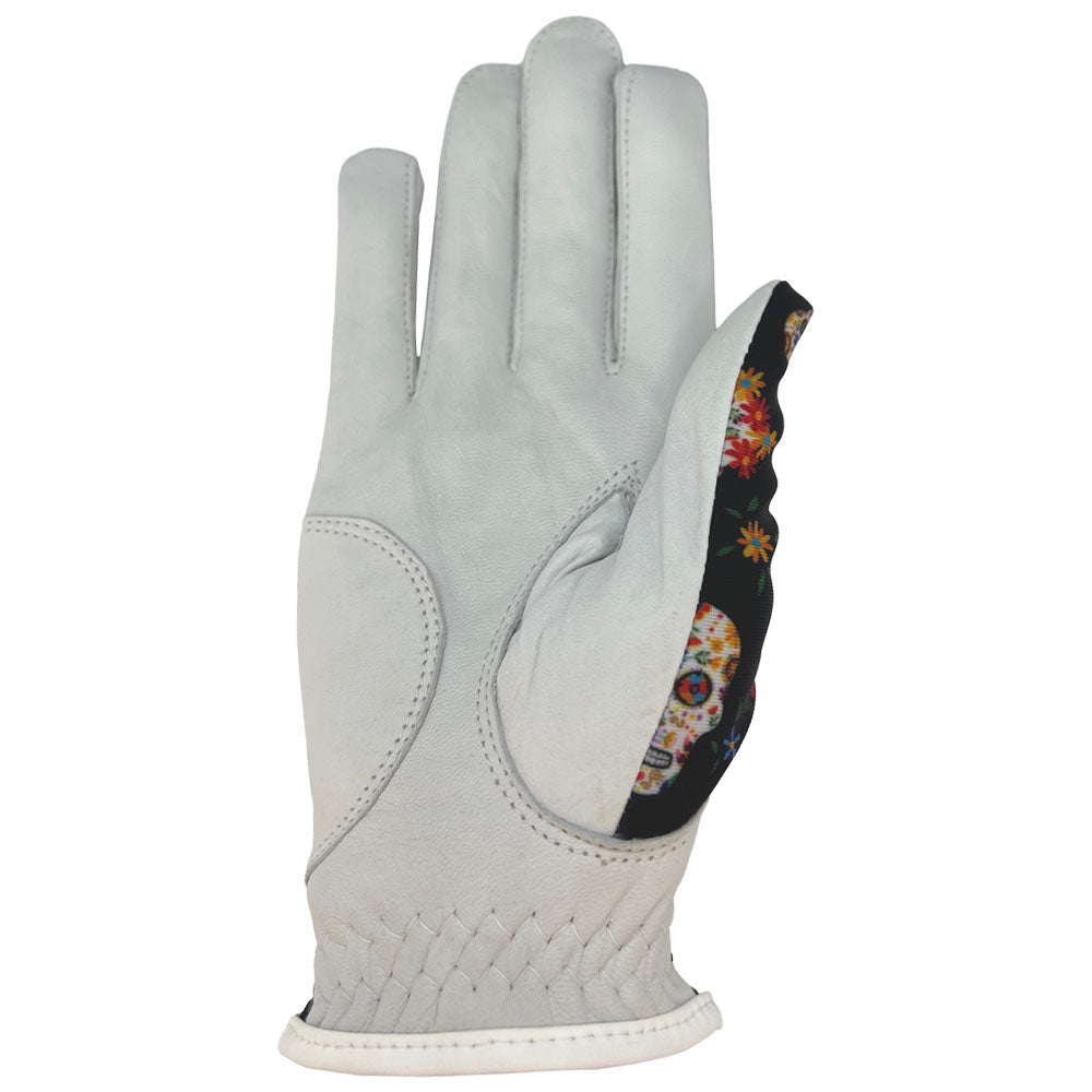 Women's colorful sugar skull golf glove with white palm. Worn on right hand.