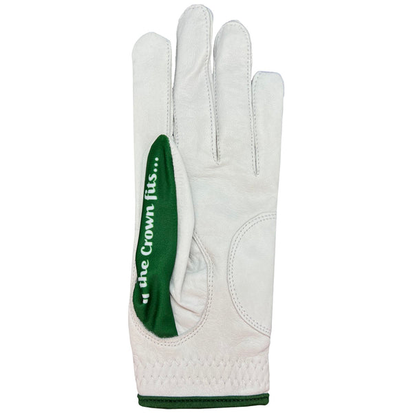 Giggle Golf Queen Of The Green Women's White Golf Glove, back, worn on left hand