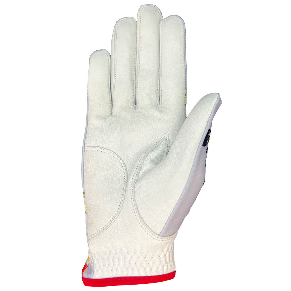 White glove with red accents on a white background. worn on right hand (palm).