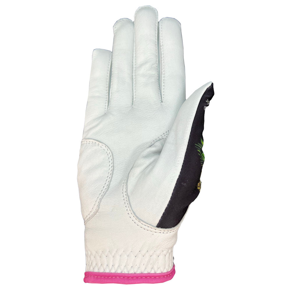 White golf glove with black and pink accents on a white background. Palm side up, worn on right hand.