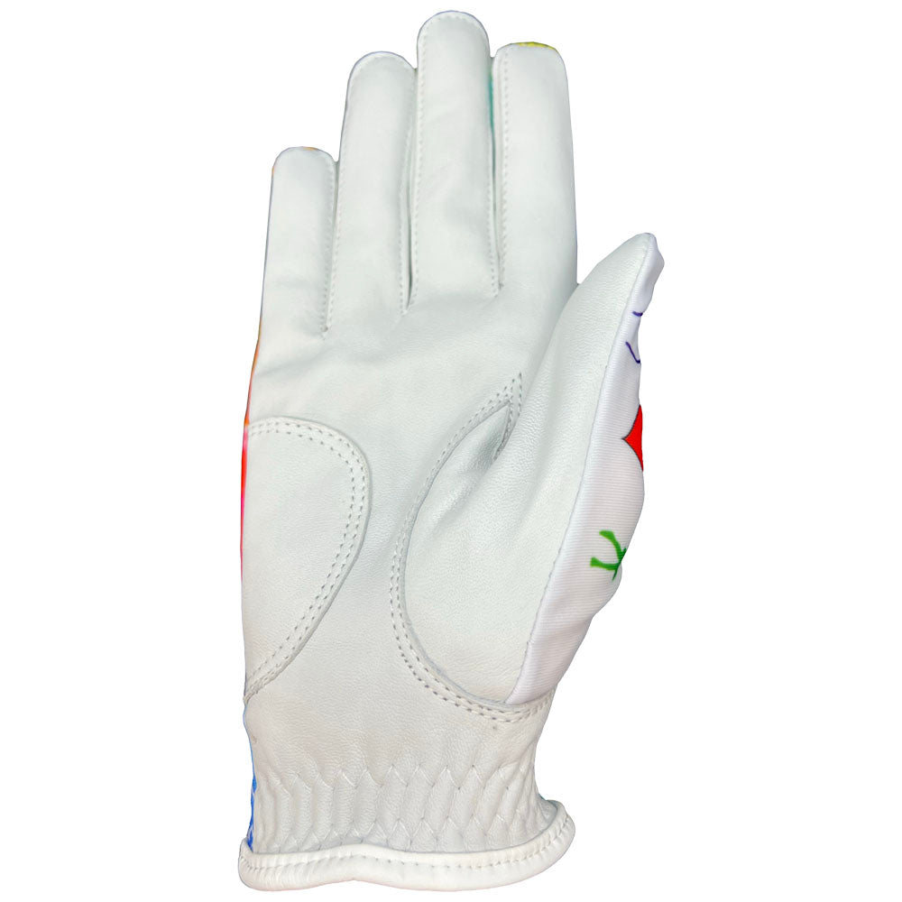 Groovy golf glove, palm up, on a white background. worn on right hand.